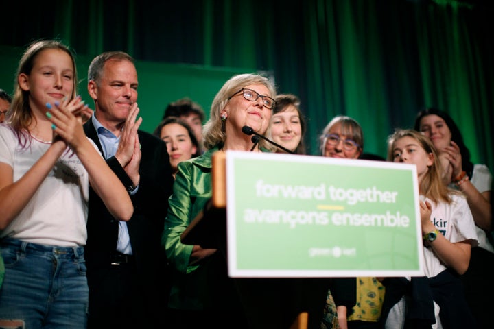Green Party leader Elizabeth May delivers a speech on election night at Crystal Gardens in Victoria on Oct. 21, 2019.