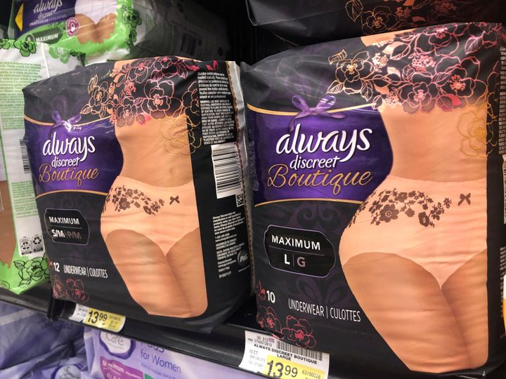 Adult diapers marketed as feminine and sexy are displayed in a grocery store in Chicago, Illinois, U.S. October 11, 2019. Picture taken October 11, 2019. REUTERS/Richa Naidu
