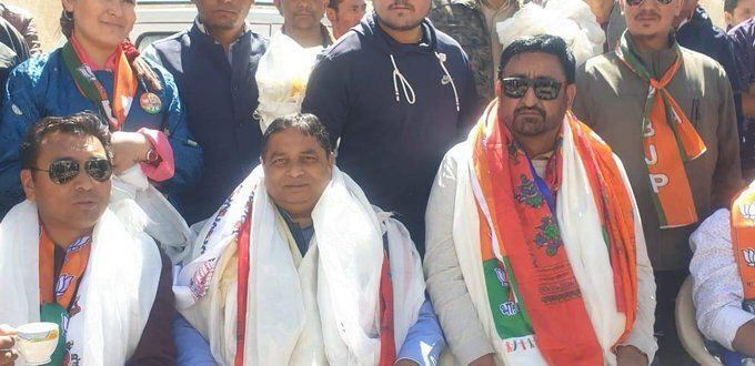 BJP leaders Sat Sharma and Haji Anayat Ali address party activists at Kargil in September, 2019. "BJP is the future in Kargil," said Ali, who left the PDP and joined BJP on 26 August.