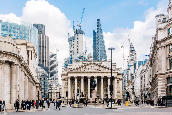 A view of London's financial district, with the Royal Exchange in the centre and the Bank of England on the left.