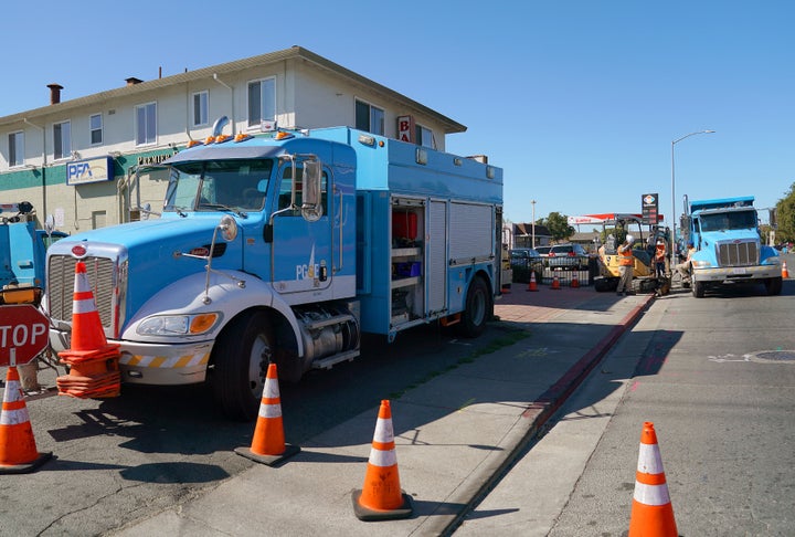 Pacific Gas & Electric crews work on October 09, 2019, in Vallejo, California, amid a massive planned power outage to hun