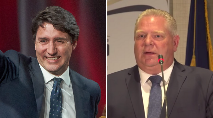 Liberal Leader Justin Trudeau celebrates winning the most seats in the 2019 election in Montreal Monday night; Ontario Premier Doug Ford addresses a meeting of provincial police in the Blue Mountains Tuesday. 