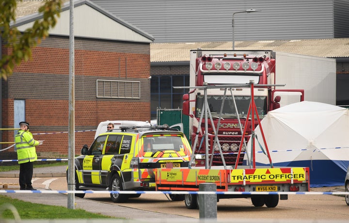 Police activity at the Waterglade Industrial Park in Grays, Essex, after 39 bodies were found inside a lorry container on the industrial estate