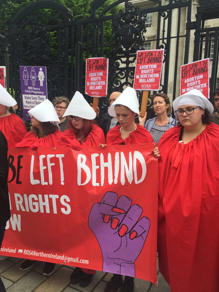 Pro-choice campaigners outside Belfast's Crown and High Courts.