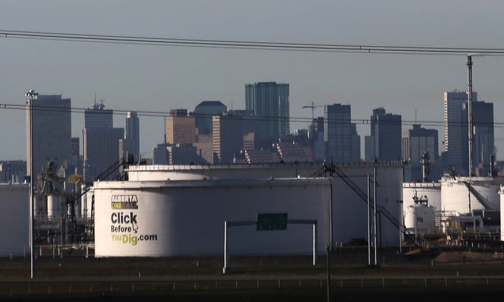 Crude oil tanks at Enbridge's terminal are seen in Sherwood Park, near Edmonton, Alta., Nov. 13, 2016.