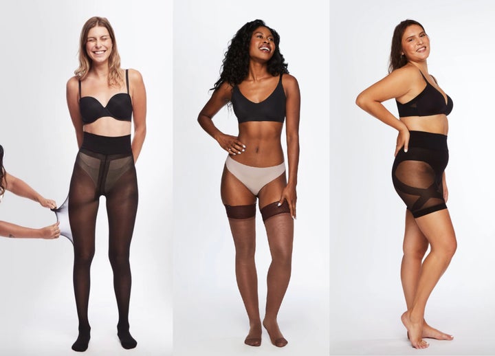 From left: classic sheers in black. thigh-highs in dark, no sweat shorties in black. 