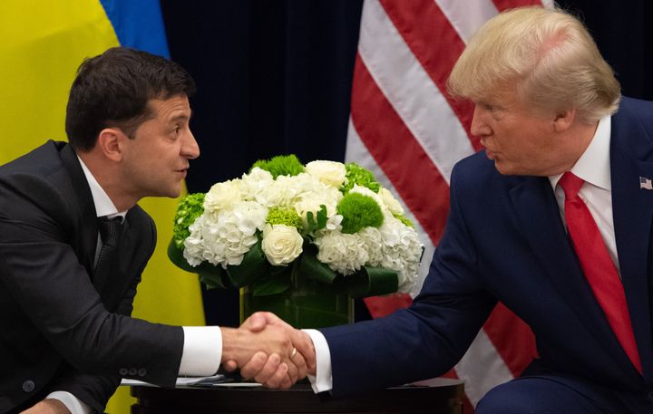 U.S. President Donald Trump and Ukrainian President Volodymyr Zelensky shake hands during a meeting in New York on Sept. 25, 2019, on the sidelines of the United Nations General Assembly. 