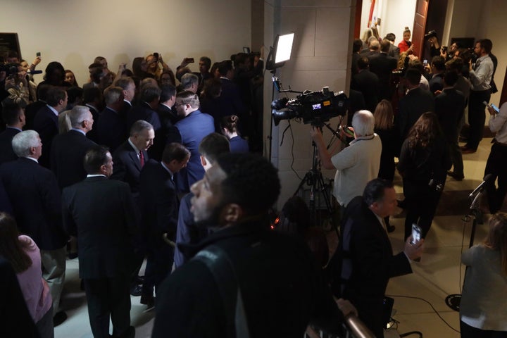 The scene outside a sensitive compartmented information facility (SCIF) where a closed session before the House Intelligence, Foreign Affairs and Oversight committees took place on Wednesday. Rep. Matt Gaetz (R-Fla.) held a press conference prior to the walk-in to call for “transparency in impeachment inquiry.” 