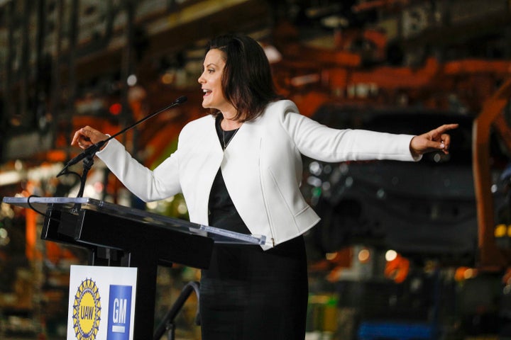 Michigan Gov. Gretchen Whitmer speaks at General Motors' Orion, Michigan, assembly plant on March 22.