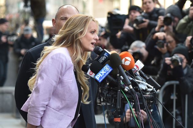 Adult film actress Stormy Daniels speaks to the media outside U.S. Federal Court on April 16, 2018, in New York City.