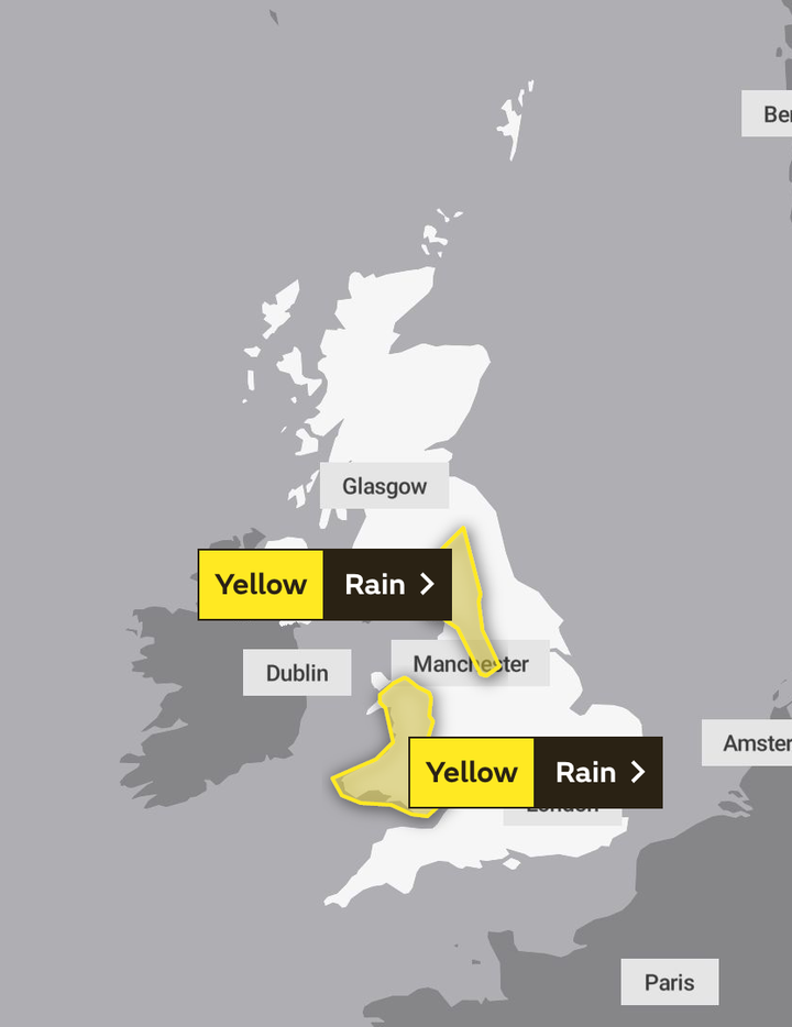 The weather warning for Friday and Saturday covering large parts of Wales and north west England