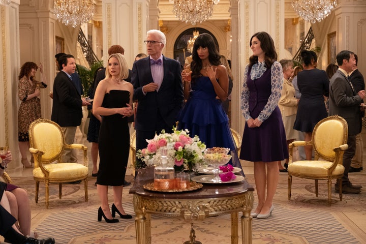 Kristen Bell as Eleanor, Ted Danson as Michael, Jameela Jamil as Tahani, and D'Arcy Carden as Janet in a scene from "The Good Place." 