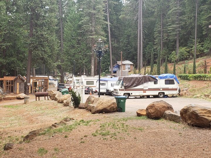 Trailers and RVs line up where Camp fire survivors are living in Nimshew Park in Magalia, California.