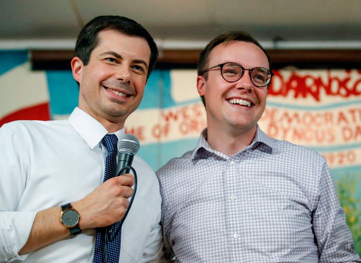 South Bend mayor and democratic presidential candidate Pete Buttigieg with his husband, Chasten Buttigieg.