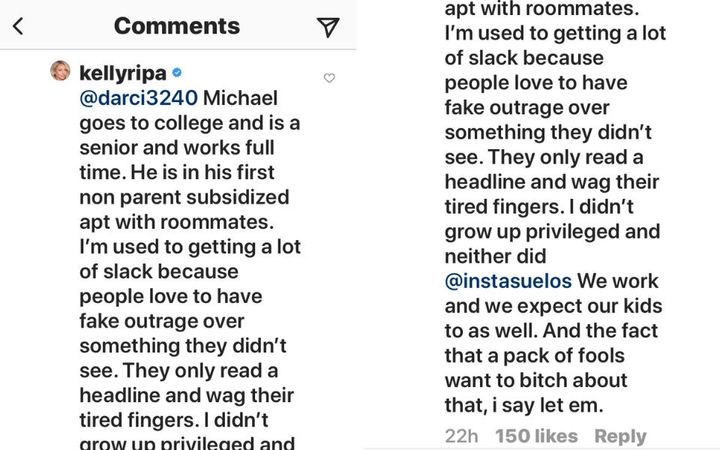 "We work and we expect our kids to as well. And the fact that a pack of fools want to bitch about that, i say let em,” Ripa wrote in an Instagram comment.