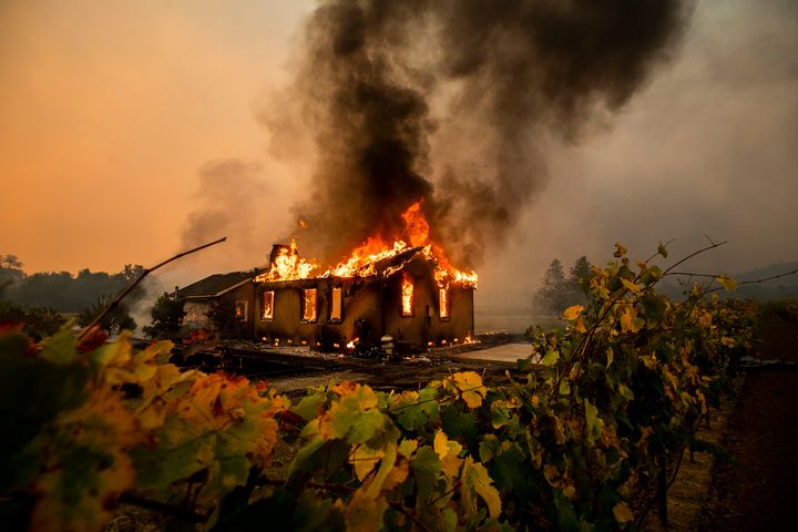 The Kincade fire burns through the Jimtown community of unincorporated Sonoma County on Oct. 24, 2019. 