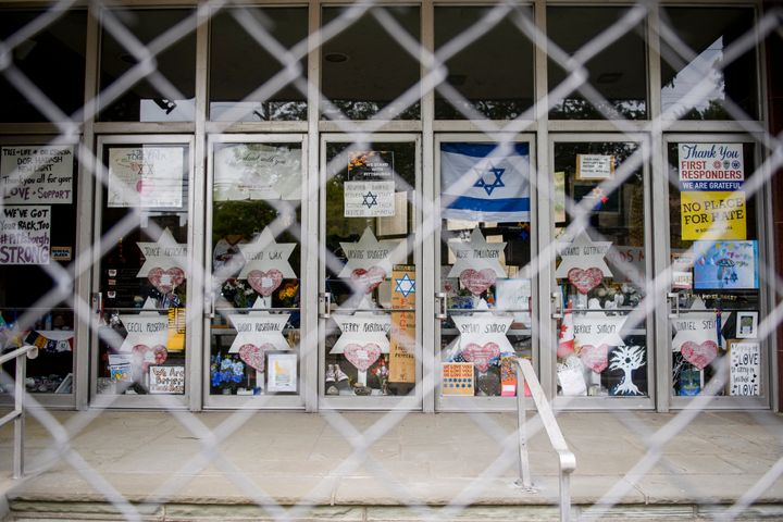 Signs and memorial wishes on the doors of Tree Of Life Synagogue on August 7, 2019, in Pittsburgh, Pennsylvania. 