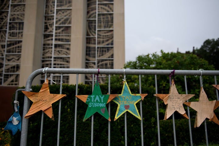 Memorial objects hang outside the Tree Of Life Synagogue on August 7, 2019, in Pittsburgh, Pennsylvania.