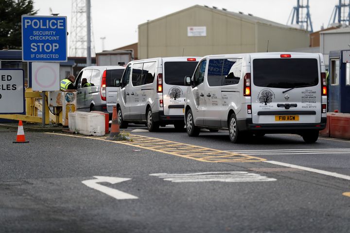 Private ambulances arrive at the Port of Tilbury to transport the remains of the 39 people found dead in a lorry container 