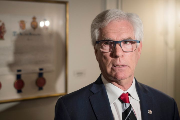 International Trade Minister Jim Carr speaks to the media following his address to the Canada-India Business Council to highlight Canada's trade diversification strategy in Toronto on June 26, 2019.