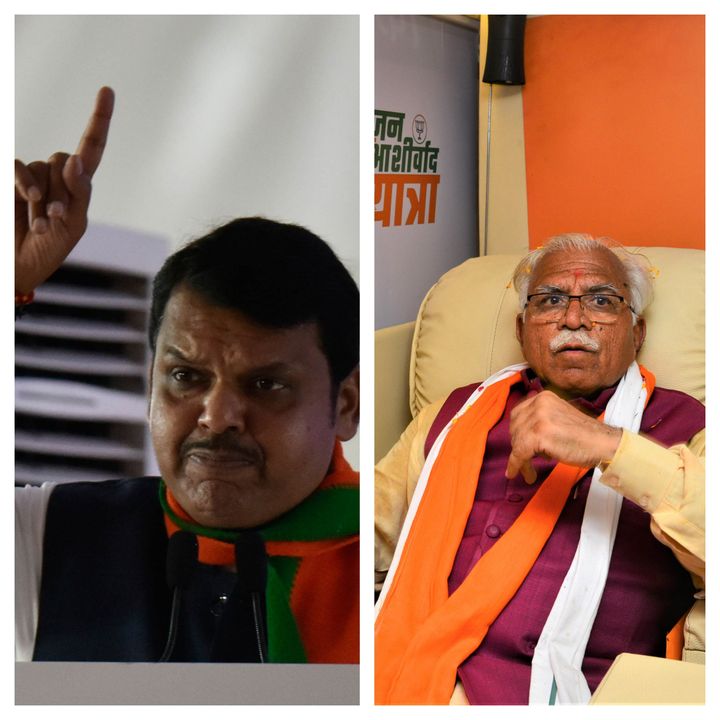 Maharashtra Chief Minister Devendra Fadnavis (L) and Haryana Chief Minister Manohar Lal Khattar (R) have suffered setbacks to their leaderships for different reasons after the assembly election results were announced on Thursday. 