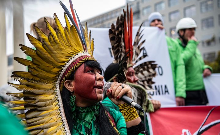 Members of an indigenous delegation from Brazil protest in Berlin to draw attention to the destruction of the Amazon and threats of "genocide."