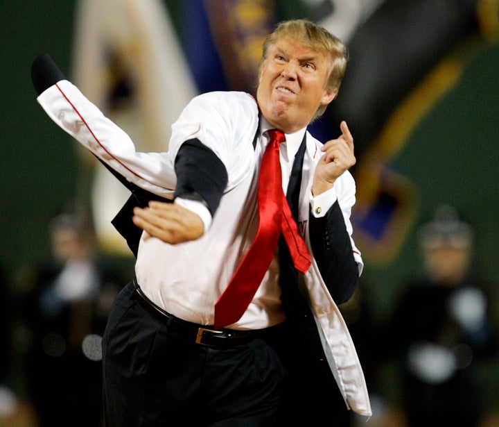 Donald Trump throws out the ceremonial first pitch before the start of the game between the Boston Red Sox and the New York Yankees in the second game of a day/night doubleheader on Aug. 18, 2006, at Fenway Park in Boston.