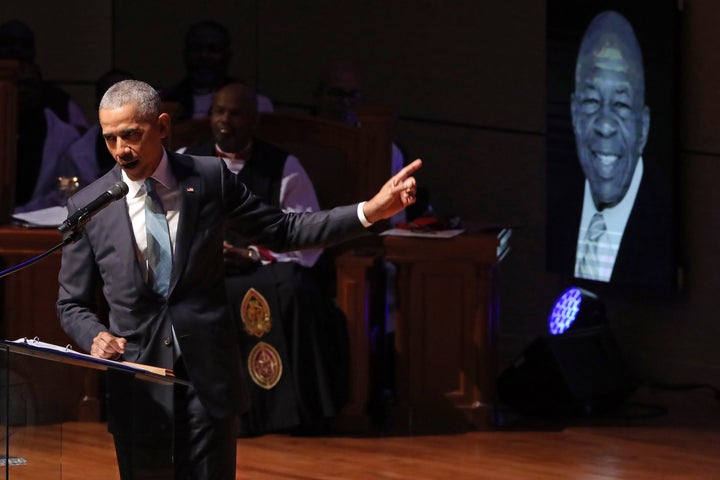 Former President Barack Obama delivers remarks during the funeral service for Rep. Elijah Cummings (D-MD) at New Psalmist Baptist Church on October 25, 2019 in Baltimore, Maryland. 