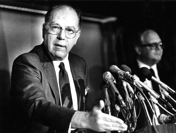 Lyndon LaRouche speaks to reporters at the National Press Club in Washington on May 5, 1988.