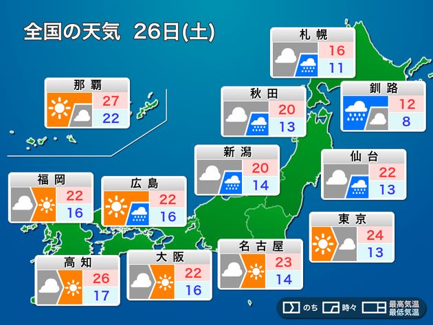 本日10月26日の天気 関東は天候回復で気温上昇 北日本は夕方以降に一時強い雨 ハフポスト