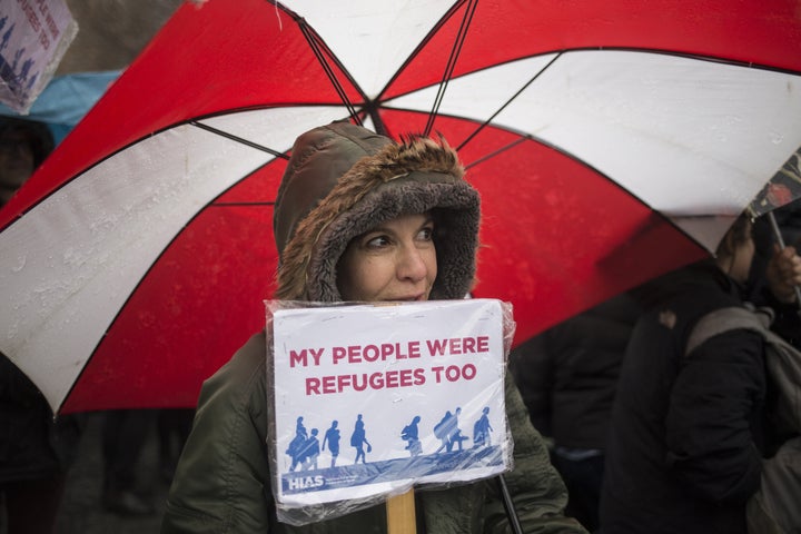 HIAS, a Jewish nonprofit that advocates for refugees, held a rally against President Donald Trump's immigration ban at Battery Park on Feb. 12, 2017, in New York City.