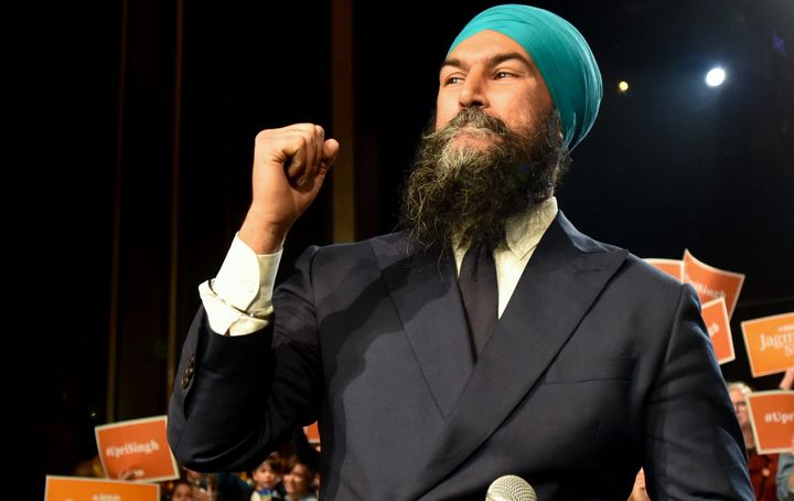NDP leader Jagmeet Singh addresses his supporters at the Vogue Theatre in Vancouver, Oct. 19, 2019.