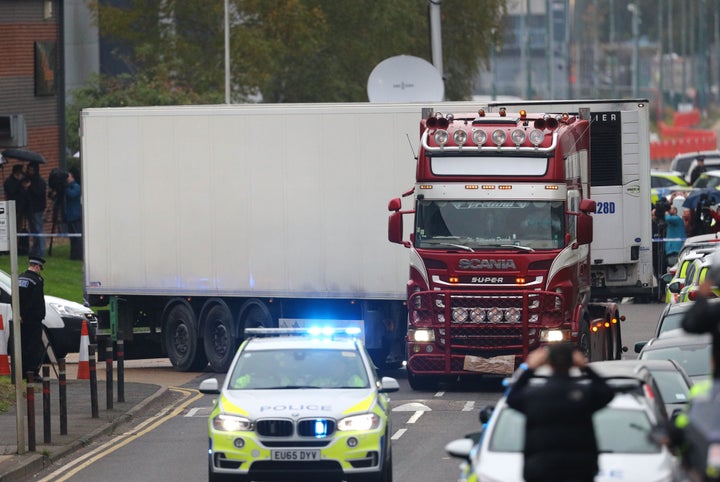 File photo dated 23/10/2019 of the container lorry where 39 people were found dead inside leaving Waterglade Industrial Park in Grays, Essex. 