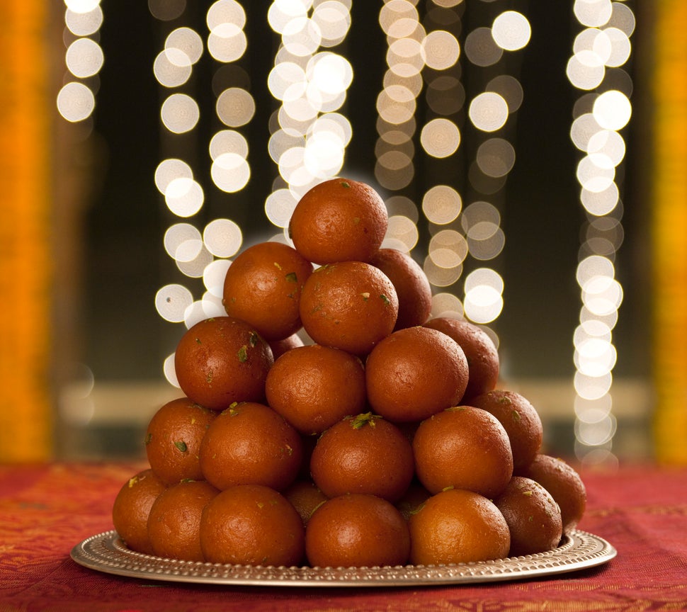 Close-up of a heap of gulab jamuns (a popular traditional Indian sweet)