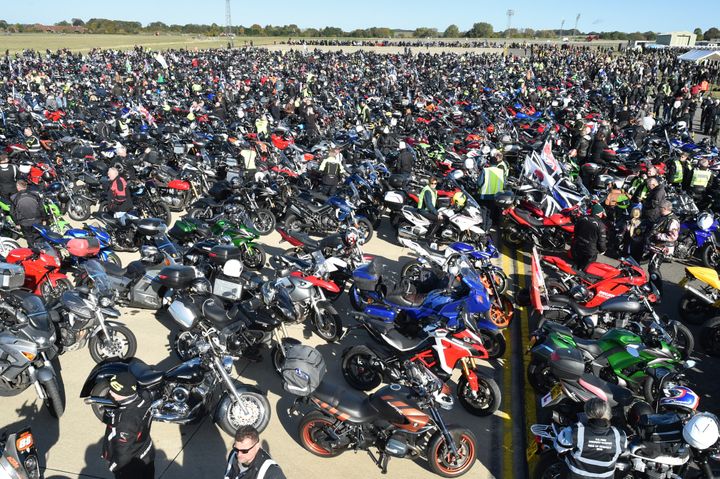 Bikers gather as thousands of motorcyclists take part in a 'ride of respect' in Oxfordshire in memory of PC Andrew Harper, who was killed whilst on duty in August.