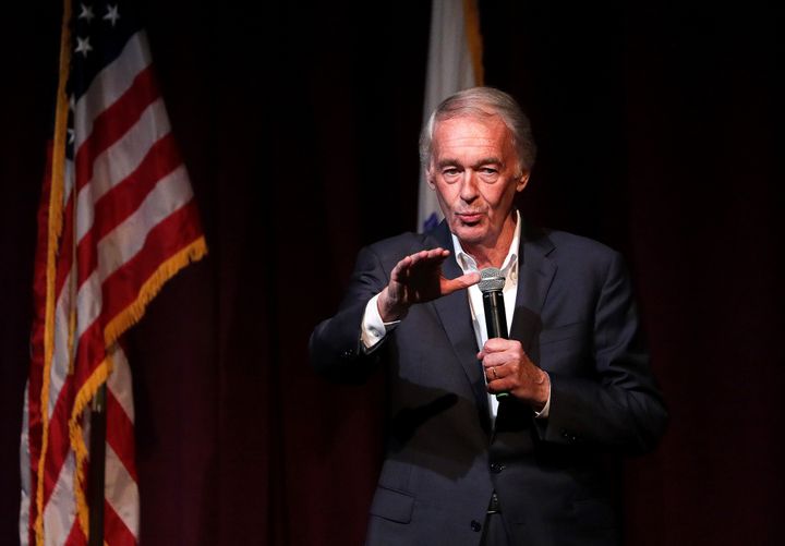 Sen. Ed Markey speaks during a community town hall discussion on the Green New Deal Resolution and solution to fighting climate change at Framingham High School in Framingham, Massachusetts, in August.