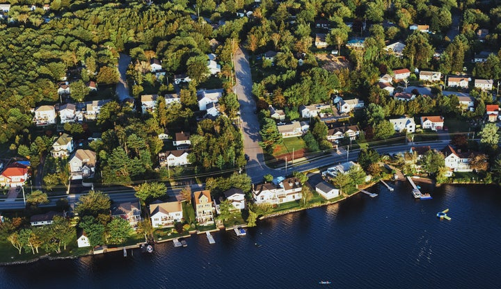 An aerial view of homes lining the shoreline of Lake Micmac in Dartmouth, N.S.