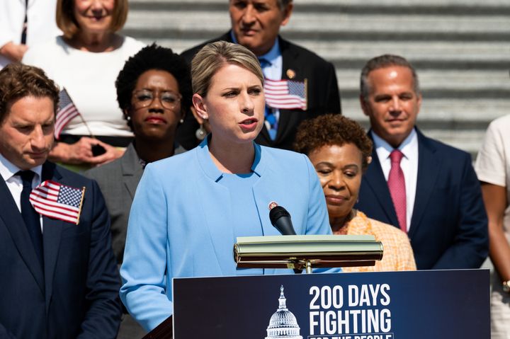 Katie Hill speaking at a press event with House Democrats.