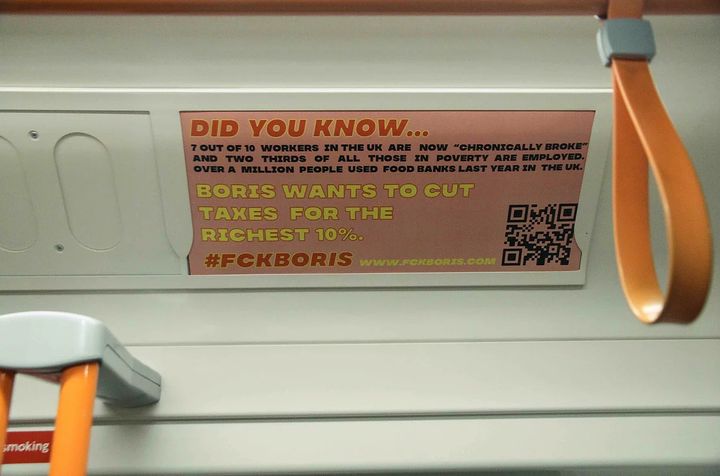 Posters created by 'Fck Boris' on the London Underground