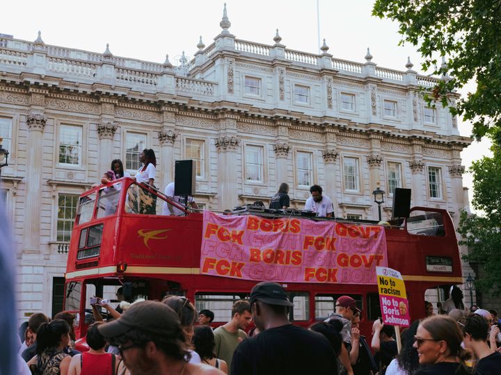 The double decker bus used during a protest held on Boris Johnson's first day in power as PM.