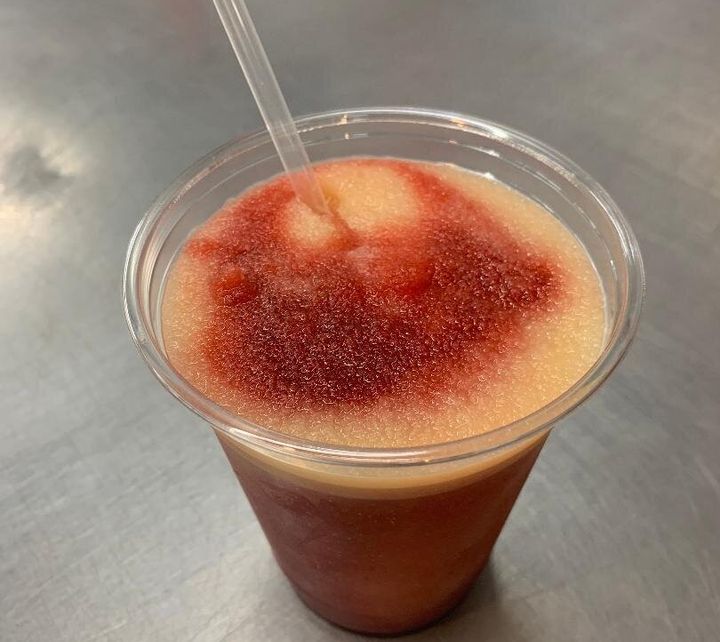 A cider smoothie from Wood Orchard Market that's been mixed with its cherry raspberry slushie.