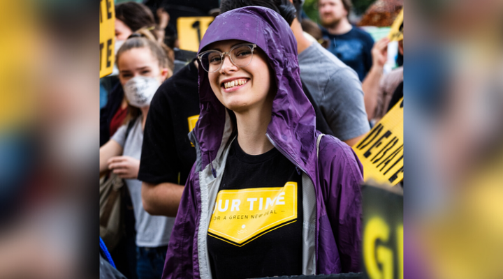 Alison McIntosh, an organizer with Climate Justice Edmonton, at a rally in July. 