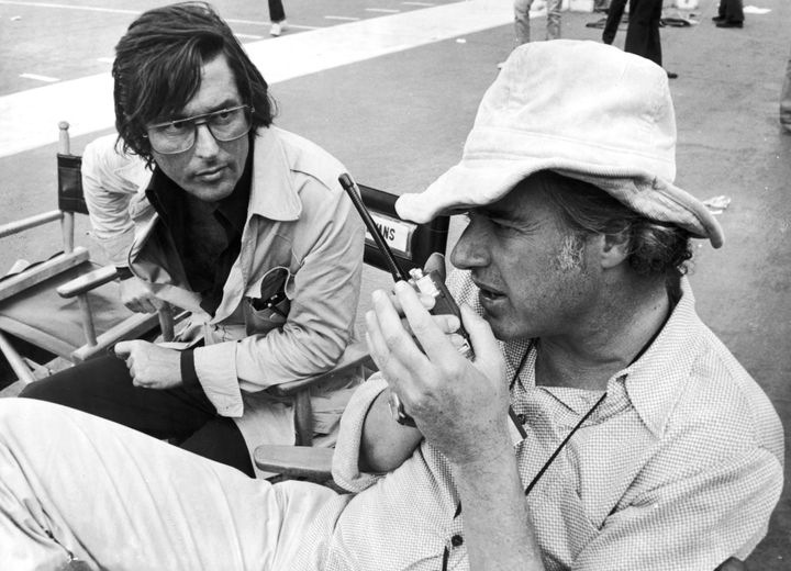 Producer Robert Evans (left) with director John Frankenheimer on the set of the film, 'Black Sunday', 1976. (Photo by Paramount Pictures/Archive Photos/Getty Images)