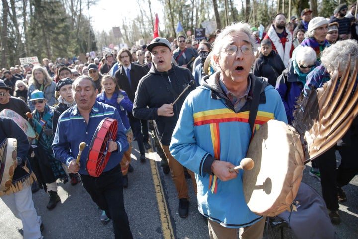 Indigenous leaders take part in a demonstration against the expansion of the Trans Mountain pipeline project in Burnaby, B.C., March 10, 2018.