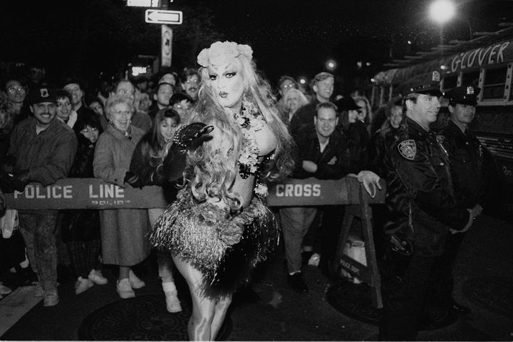 A drag queen marches in the Greenwich Village Halloween Parade, sometime in the 1970s.