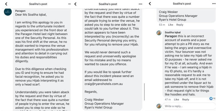 In an apology shared by Iqbal, Paragon Hotel’s operations manager Craig Wesker said it was the security guard’s first shift at the venue and “he wanted to impress venue management with his professionalism and attention to detail”.