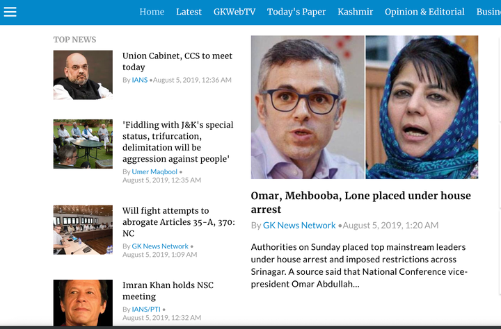 Screengrab of the website of Greater Kashmir taken on October 29