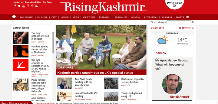 Screengrab of the website of The Rising Kashmir taken on October 29