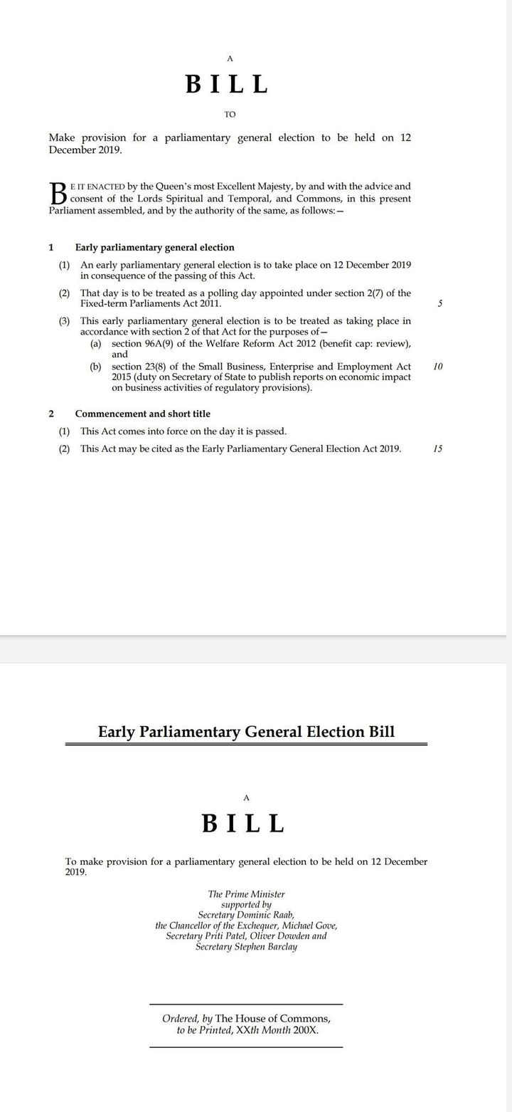 Boris Johnson's early parliamentary general election bill