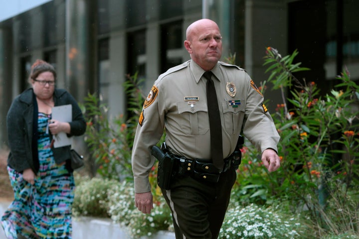 St. Louis County police Sgt. Keith Wildhaber is seen during the trial of his discrimination case against the county in Clayton, Missouri.